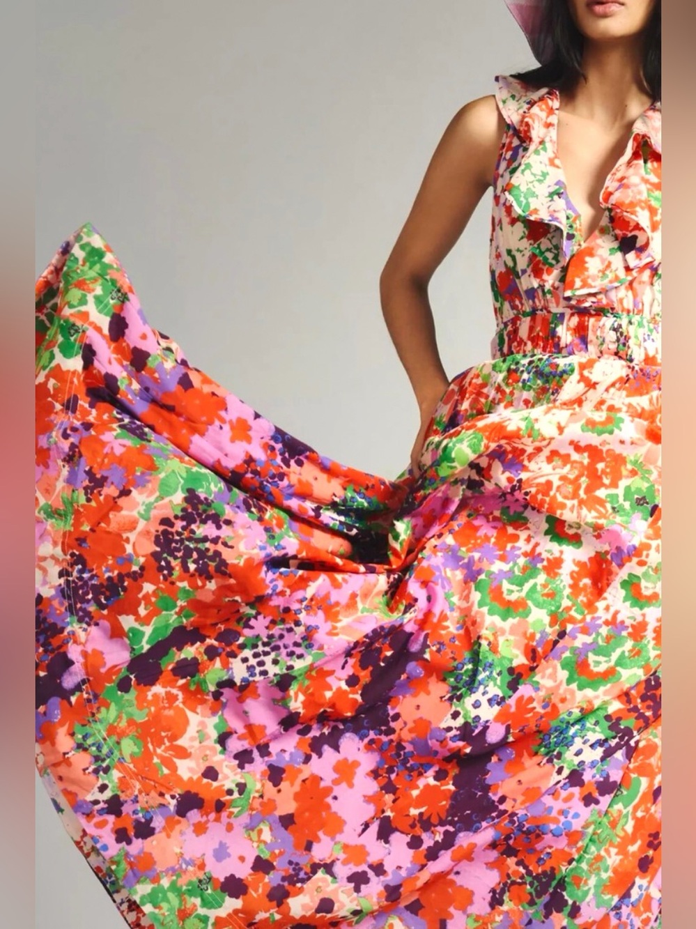 Anthropologie Maeve Ruffled V-Neck Botanical Floral Maxi Dress Size 10 - Picture 3 of 8
